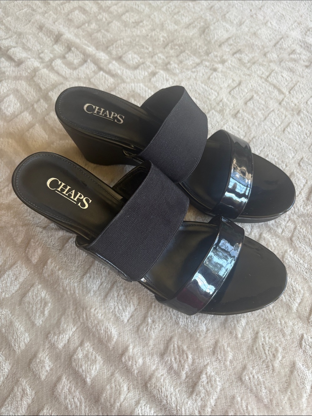Chaps Rhoda Black Two-Band Patent & Fabric Slide Wedge Sandals
